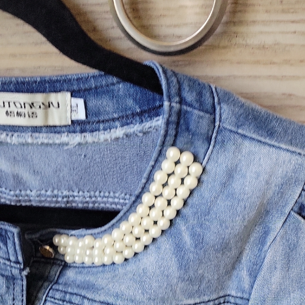 Jean Jacket Button Front With Lace And Pearl Embellishment - Picture 2 of 8